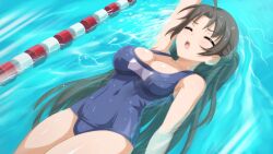  1girl arm_at_side armpits blue_one-piece_swimsuit blush breasts brown_hair bubble cleavage closed_eyes collarbone from_above game_cg large_breasts long_hair mieko_(sakura_swim_club) name_tag non-web_source old_school_swimsuit one-piece_swimsuit open_mouth outstretched_arm partially_submerged pool sakura_swim_club school_swimsuit solo swimming swimsuit underwater wanaca water 
