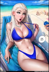 3girls all_fours aroma_sensei bare_shoulders beach beach_chair bikini bikini_pull blonde_hair blue_bikini blue_eyes breasts cleavage clothes_pull commentary curvy elsa_(frozen) english_commentary frozen_(disney) gwen_stacy highleg highleg_bikini highleg_swimsuit highres jewelry large_breasts leaning_back lips looking_at_viewer lotion lotion_bottle lying marvel multiple_girls nail_polish necklace nier_(series) nier:automata on_back outdoors red_lips sand sand_sculpture sitting speech_bubble spider-man_(series) squirting_liquid sunscreen sweat sweatdrop swimsuit thick_lips thick_thighs thighs underboob watermark web_address wet wet_hair white_hair 2b_(nier:automata) rating:Sensitive score:247 user:danbooru
