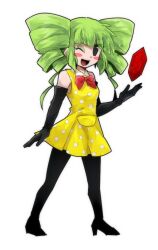  1girl black_gloves blush chiimako commentary dress drill_hair full_body gem gloves green_hair humanization mario_(series) mimi_(paper_mario) nintendo one_eye_closed open_mouth pantyhose paper_mario personification polka_dot polka_dot_dress red_eyes red_gemstone sidelocks smile solo super_paper_mario twin_drills twintails yellow_dress 