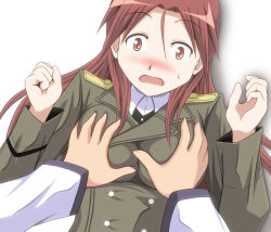 2girls artist_request blush grabbing_another&#039;s_breast breasts female_pov grabbing military military_uniform minna-dietlinde_wilcke miyafuji_yoshika multiple_girls panicking pov red_eyes red_hair strike_witches surprised sweat uniform world_witches_series yuri rating:Sensitive score:24 user:hellarmy