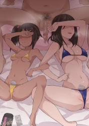  1boy 2girls age_difference bare_arms bare_shoulders bikini breasts cameltoe cheating_(relationship) closed_mouth clothed_female_nude_male collarbone condom covered_erect_nipples covering_face covering_own_eyes dark-skinned_male dark_skin highres large_penis loli lying male_pubic_hair mature_female medium_breasts micro_bikini mole mole_under_eye mother_and_daughter multiple_girls navel netorare nude on_back open_mouth original oyakodon_(sex) partially_visible_vulva penis precum prostitution pubic_hair pussy pussy_peek shiny_skin side_ponytail small_breasts smile spread_legs stain swimsuit terasu_mc uncensored  rating:Explicit score:362 user:Domestic_Importer