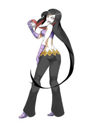  1girl ass bare_shoulders black_hair black_pants breasts creatures_(company) crop_top elbow_gloves game_freak genzoman gloves holding holding_poke_ball large_breasts long_hair lucy_(pokemon) medium_breasts midriff multicolored_hair nintendo pants poke_ball poke_ball_(basic) pokemon pokemon_emerald pokemon_rse purple_gloves purple_shirt red_hair shirt sidelocks sleeveless sleeveless_shirt solo streaked_hair swept_bangs two-tone_hair very_long_hair 