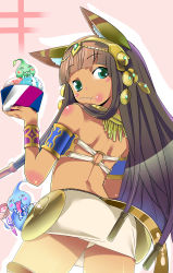  1girl :t absurdres animal_ears armlet ass bare_shoulders bastet_(p&amp;d) blush bracelet brown_hair cat_ears cat_tail ceda_(dace) creature eating egyptian food from_behind from_below green_eyes highres ice_cream ice_cream_cone jewelry long_hair looking_back lots_of_jewelry midriff miniskirt naughty_face nose_blush outline panties pantyshot puzzle_&amp;_dragons skirt solo standing tail underwear white_outline  rating:Sensitive score:17 user:danbooru