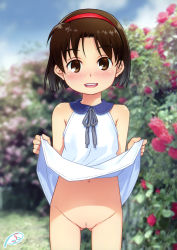 1girl absurdres blush brown_eyes brown_hair censored cleft_of_venus dress female_focus flat_chest hairband highres loli looking_at_viewer nanachan nanachan_to_a-so-bo no_panties open_mouth original pussy short_hair sleeveless sleeveless_dress smile sol-fa-soft solo source_request upskirt white_dress yoshida_seiji rating:Explicit score:122 user:huzzaman