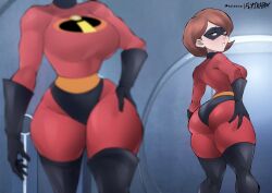  1girl artist_name ass ass_grab black_footwear black_gloves blurry blurry_foreground bodysuit boots breasts brown_eyes brown_hair derivative_work flytrapxx gloves grabbing_own_ass half-closed_eyes helen_parr highres huge_ass indoors large_breasts mask mirror parted_lips red_bodysuit screenshot_redraw short_hair solo the_incredibles thigh_boots wide_hips  rating:Sensitive score:111 user:danbooru