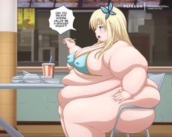  1girl ass belly_rest big_belly blonde_hair blue_eyes blue_one-piece_swimsuit blush boku_wa_tomodachi_ga_sukunai breasts butterfly_hair_ornament eating fat female_focus hair_ornament hand_on_own_hip heavy highres huge_ass kashiwazaki_sena large_breasts long_hair miramiraclerun nipples obese one-piece_swimsuit open_mouth sitting swimsuit thick_thighs thighs weight_gain  rating:Sensitive score:42 user:JackTheRipper15