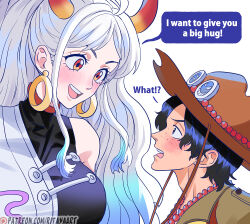  1boy 1girl alternate_costume black_hair blush breasts commentary earrings english_commentary english_text freckles hat height_difference highres horns jewelry large_breasts long_hair looking_at_another multicolored_hair necklace one_piece oni open_mouth orange_eyes portgas_d._ace rita_ya short_hair smile speech_bubble two-tone_hair white_hair yamato_(one_piece) 
