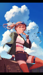 1girl bag belt belt_buckle bird black_shorts blush breasts brown_gloves buckle closed_eyes cloud cloudy_sky crop_top day eating food food_on_face from_below gloves goggles goggles_on_head green_jacket hand_up highres holding holding_food hood hood_down hooded_jacket jacket kinta_(distortion) lace-trimmed_sleeves lace_trim leaning leg_up long_hair long_sleeves looking_at_viewer looking_down medium_breasts navel open_clothes open_fly open_jacket original panties panty_peek partially_fingerless_gloves pink_panties purple-framed_eyewear red_hair red_thighhighs reflection sausage short_shorts shorts side_ponytail sky smile solo stomach striped_clothes striped_thighhighs thigh_strap thighhighs underbust underwear vertical-striped_clothes vertical-striped_thighhighs wide_sleeves yellow_eyes rating:Sensitive score:10 user:danbooru