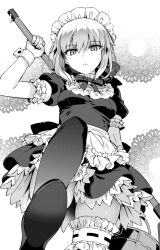  1girl apron artoria_pendragon_(all) artoria_pendragon_(fate) breasts bucket carnival_phantasm closed_mouth dress expressionless fate/stay_night fate_(series) frills greyscale hanabana_tsubomi highres holding holding_bucket holding_mop looking_at_viewer maid maid_headdress monochrome mop puffy_short_sleeves puffy_sleeves saber_alter short_sleeves sidelocks small_breasts solo stepped_on thighhighs wrist_cuffs 