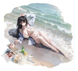  1girl absurdres ahoge arm_up azur_lane bare_shoulders barefoot beach bikini black_hair bottle breasts cellphone cleavage collarbone feet full_body hair_between_eyes highres huge_breasts iphone legs long_hair long_sleeves looking_at_viewer lying messy_hair navel ocean off_shoulder official_alternate_costume official_art on_back one_side_up open_clothes open_shirt outdoors palm_leaf palm_tree phone red_eyes sand shirt side-tie_bikini_bottom sideboob skindentation smartphone stomach string_bikini surcouf_(azur_lane) surcouf_(loisirs_balneaires)_(azur_lane) swimsuit taihou_(azur_lane) taihou_(seaside_daydreams)_(azur_lane) thigh_strap thighs toes tree very_long_hair water wet wet_clothes wet_shirt white_bikini white_shirt yunsang  rating:Sensitive score:73 user:danbooru