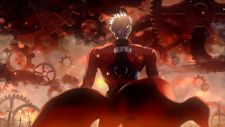  1boy archer_(fate) fate/stay_night fate_(series) from_behind gears highres male_focus orange_theme skyt2 solo sword unlimited_blade_works_(fate) weapon white_hair  rating:Sensitive score:9 user:danbooru