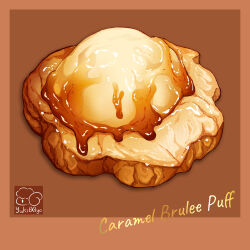  artist_logo brown_background caramel creme_brulee food food_focus highres no_humans original pastry yuki00yo 