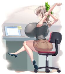  1girl asahina_hinata backboob breasts chair gigantic_breasts hair_ribbon heels highres light_brown_hair monno office office_chair office_lady ribbon shorts sleeveless solo swivel_chair  rating:Questionable score:47 user:kade66