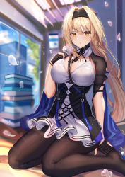  1girl absurdres arm_support between_breasts bianca_(punishing:_gray_raven) black_gloves black_pantyhose blonde_hair blush book breasts cleavage cloud cloudy_sky dress fingerless_gloves flower gloves hair_between_eyes hairband hand_on_own_chest highres holding holding_flower indoors large_breasts long_hair looking_at_viewer miniskirt necktie no_shoes pantyhose petals pleated_skirt punishing:_gray_raven shanguier skirt sky solo striped_necktie striped_neckwear white_dress window  rating:Sensitive score:33 user:danbooru