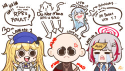  1boy 3girls amatsuka_uto angel angry bald black_skirt blonde_hair blue_hair blue_hat blue_jacket blue_necktie chibi commentary crying dokibird_(vtuber) dtto. dtto._(2nd_costume) english_commentary hair_ornament hat hitominty jacket laughing multicolored_hair multiple_girls necktie red_hair reject_(esports) rpr shirt short_hair skirt skull_hair_ornament twintails utaite virtual_youtuber white_hair white_shirt 
