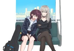  2girls asymmetrical_hair black_choker black_pantyhose black_sweater blue_jacket blue_shorts blush brown_hair choker closed_eyes clothes_writing collarbone commentary crossed_arms crossed_legs drooling girls_band_cry grey_eyes grey_hair hair_between_eyes instrument_case iseri_nina jacket kawaragi_momoka long_hair long_sleeves low_twintails mouth_drool multicolored_hair multiple_girls open_clothes open_jacket open_mouth pantyhose pantyhose_under_shorts plaid plaid_skirt red_skirt roots_(hair) shirt shirt_tucked_in short_hair short_twintails shorts skirt sleeping sleeping_on_person sweatdrop sweater tinkie train_interior twintails white_background white_shirt 