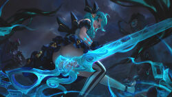 -b205- 1girl absurdres ass bare_shoulders blue_eyes blue_hair from_below gloves gwen_(league_of_legends) highres league_of_legends legs looking_at_viewer looking_down ribbon scissors sitting skirt solo thighhighs rating:Questionable score:19 user:Reimuu