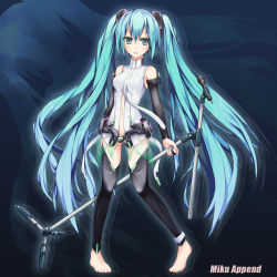  1girl bad_id bad_pixiv_id barefoot hatsune_miku hatsune_miku_(append) highres long_hair microphone solo thighhighs toshizaki_shouma twintails vocaloid vocaloid_append  rating:Sensitive score:14 user:danbooru