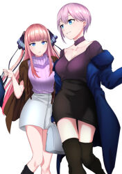  2girls bag black_footwear black_skirt blue_coat blue_eyes blunt_bangs boots breasts brown_jacket butterfly_hair_ornament coat commentary english_commentary frown go-toubun_no_hanayome hair_ornament hair_ribbon handbag high-waist_skirt jacket jacket_on_shoulders knee_boots large_breasts long_hair looking_at_another multiple_girls nakano_ichika nakano_nino off_shoulder parted_lips pencil_skirt pink_hair pink_sweater purple_sweater ribbed_sweater ribbon rororo short_hair siblings sisters skirt smile sweater thigh_boots two_side_up white_background white_skirt 