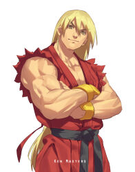  1boy belt black_belt blonde_hair brown_eyes character_name closed_mouth crossed_arms dougi hair_between_eyes ken_masters long_hair looking_at_viewer male_focus martial_arts_belt muscular muscular_male pectoral_cleavage pectorals solo street_fighter talgi v-shaped_eyebrows 