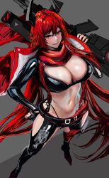  1girl anti-materiel_rifle between_breasts black_gloves black_jacket black_pants breasts bullpup cleavage commentary_request cropped_jacket fingerless_gloves full_body gloves goddess_of_victory:_nikke grey_background gun hair_between_eyes hand_on_own_hip highres hip_vent holding holding_gun holding_weapon horns jacket jacket_on_shoulders kyel_hyde large_breasts leather leather_jacket leather_pants long_hair long_sleeves looking_at_viewer mechanical_horns navel open_clothes pants parted_lips red_hair red_hood_(nikke) red_jacket red_scarf red_suspenders rifle scarf sidelocks simple_background sniper_rifle solo standing stomach strap_between_breasts suspenders weapon yellow_eyes 