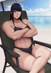  1girl abs absurdres bare_arms bare_shoulders beach biceps bikini black_bikini black_hair blue_sky blurry blurry_background breasts chair cloud collarbone commentary crossed_arms day english_commentary eyepatch figure_four_sitting grin highres horizon jormungand_(manga) large_breasts looking_at_viewer lounge_chair medical_eyepatch medium_hair muscular muscular_female navel ocean outdoors shade signature sitting sky smile sofia_valmer solo speedl00ver stomach swimsuit thick_thighs thighs umbrella wet yellow_eyes 