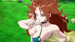  1girl 3d android_21 bikini blue_eyes breast_focus breasts cleavage dragon_ball dragon_ball_fighterz dragonball_z earrings female_focus jewelry large_breasts long_hair looking_at_viewer mod nail_polish solo swimsuit tagme upper_body  rating:Sensitive score:11 user:dragonballanasui