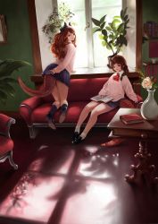  2girls black_hair book brown_hair couch highres horns indoors long_hair looking_at_viewer multiple_girls on_couch school_uniform sitting tagme tail zenox  rating:Sensitive score:2 user:tokos_satapiros