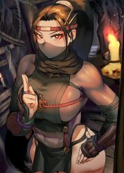  1girl abs arm_guards bare_legs black_hair black_scarf breasts candle dark eyeliner feet_out_of_frame hand_gesture hand_on_own_hip headband highres ichiren_takushou large_breasts mask mouth_mask muscular muscular_female ninja ninja_mask original pelvic_curtain red_eyeliner red_eyes scarf short_hair solo thighs toned tsubaki_(gesogeso) upper_body warrior wide_hips  rating:Sensitive score:70 user:danbooru