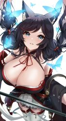  1girl absurdres animal_ear_fluff animal_ears azur_lane bare_shoulders blue_butterfly blue_eyes breasts brown_hair brown_kimono bug burnt_clothes butterfly cleavage commentary_request from_above fusou_(azur_lane) fusou_(meta)_(azur_lane) highres holding holding_polearm holding_weapon huge_breasts insect japanese_clothes kimono looking_at_viewer looking_up polearm revision simple_background skirt solo thighhighs twintails weapon white_background white_skirt white_thighhighs wide_sleeves yamaha_tsui 