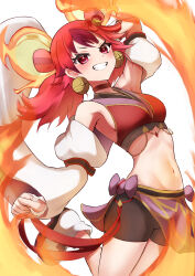  1girl absurdres animal_ears bare_shoulders bike_shorts_under_skirt breasts crop_top detached_sleeves duel_monster fire ha-re_the_sword_mikanko highres long_hair long_sleeves medium_breasts midriff mouse_ears red_eyes red_hair smile solo sora-wo-tomo stomach twintails yu-gi-oh!  rating:Sensitive score:6 user:danbooru