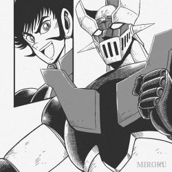  1970s_(style) 1boy artist_name clenched_hand greyscale hair_behind_ear ishikawa_ken kabuto_kouji mazinger_(series) mazinger_z mazinger_z_(mecha) mecha miroku_(miroku_t) monochrome oldschool open_mouth retro_artstyle robot science_fiction sideburns super_robot v-shaped_eyebrows white_background 