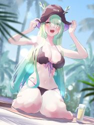  1girl :d absurdres adjusting_clothes adjusting_headwear alternate_costume alternate_hairstyle antlers_through_headwear armpits bikini black_bikini black_hat blue_sky blurry blush bokeh breasts ceres_fauna character_name commentary depth_of_field dot_nose english_commentary flower fueppu glass gradient_hair green_hair hair_flower hair_ornament hat highres hololive hololive_english large_breasts liquid long_hair mole mole_under_eye multicolored_hair navel open_mouth palm_tree purple_nails sky smile solo sparkle stomach swimsuit teeth tongue tree upper_teeth_only very_long_hair virtual_youtuber wet white_flower yellow_eyes 
