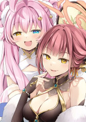  2girls ahoge aru_(blue_archive) bare_shoulders black_dress blue_archive blue_eyes blush breasts cleavage cleavage_cutout clothing_cutout double_bun dress gold_trim hair_between_eyes hair_bun halo heterochromia highres horns hoshino_(blue_archive) large_breasts long_hair looking_at_viewer multiple_girls natsume_eri open_mouth pink_hair small_breasts smile white_dress yellow_eyes 
