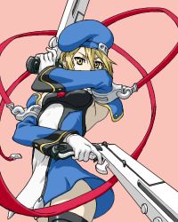 1girl arc_system_works bad_id bad_pixiv_id beret black_thighhighs blazblue blonde_hair covering_privates covering_face detached_sleeves dual_wielding female_focus gloves gun handgun hat holding lowres necktie noel_vermillion red_ribbon ribbon short_hair simple_background solo thighhighs uniform weapon yellow_eyes yuuya_(yu-ya&#039;s) yuyaillust