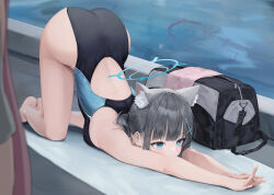  1girl absurdres all_fours animal_ear_fluff animal_ears arched_back doodle_sensei_(blue_archive) ass back bag bare_legs bare_shoulders barefoot bbul_horn black_one-piece_swimsuit blue_archive blue_eyes blue_halo blush breasts cat_stretch commentary competition_swimsuit cross cross_hair_ornament duffel_bag earrings extra_ears flexible full_body grey_hair hair_ornament halo highleg highleg_swimsuit highres inverted_cross jewelry long_hair low_ponytail medium_breasts mismatched_pupils multicolored_clothes multicolored_swimsuit official_alternate_costume one-piece_swimsuit outstretched_arms pool poolside sensei_(blue_archive) shiroko_(blue_archive) shiroko_(swimsuit)_(blue_archive) solo stretching stud_earrings swimsuit top-down_bottom-up towel two-tone_swimsuit water wolf_ears  rating:Sensitive score:67 user:danbooru