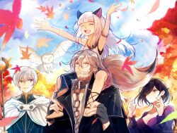 2boys 2girls :d animal_ears arms_up autumn_leaves bird black_hair blue_sky blunt_bangs breasts cape carrying chain cleavage closed_eyes cloud dress facial_hair falling_leaves glasses gold_trim grey_hair hair_between_eyes high_collar highres holding holding_staff large_breasts leaf leaf_(esabacoo) long_hair multiple_boys multiple_girls mustache ochette_(octopath_traveler) octopath_traveler octopath_traveler_ii open_mouth osvald_v._vanstein outdoors owl piggyback purple_dress round_eyewear short_hair sky smile staff teeth temenos_mistral throne_anguis upper_teeth_only white_cape white_hair 