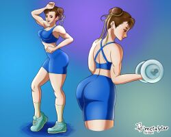  1girl ass ass_focus back bike_shorts blue_shorts blue_sports_bra breasts brown_eyes brown_hair capcom chun-li double_bun dumbbell exercising from_behind full_body hair_bun highres huge_ass large_breasts looking_at_viewer metalytar midriff muscular muscular_female open_mouth shoes shorts simple_background smile sneakers socks solo sports_bra standing street_fighter sweat thick_thighs thighs toned video_game weightlifting 