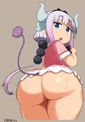  1girl ass ass_focus blue_eyes brown_background cowboy_shot cropped_legs dimitri_becker dress from_behind from_below horns huge_ass kanna_kamui kobayashi-san_chi_no_maidragon loli long_hair looking_back low_twintails open_mouth pink_dress purple_hair short_dress short_sleeves simple_background solo standing sweat tail twintails  rating:Questionable score:26 user:DarkToonLink
