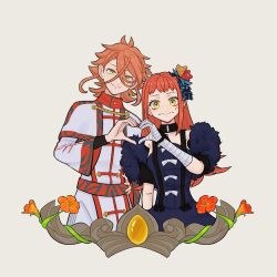  1boy 1girl bandaged_arm bandages black_dress brother_and_sister closed_mouth dress earrings facial_mark fire_emblem fire_emblem_engage hahm0106 hair_between_eyes hair_ornament hand_on_own_hip heart heart_hands heart_hands_duo highres jewelry long_bangs long_hair looking_at_viewer medium_hair nintendo orange_hair pandreo_(fire_emblem) panette_(fire_emblem) robe siblings smile stitched_mouth stitches upper_body white_robe wide_sleeves yellow_eyes 