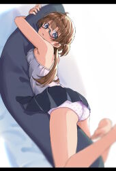  1girl absurdres ahoge amemiya_sekira ass bare_arms bare_shoulders barefoot black_skirt blue-framed_eyewear blush breasts brown_hair camisole commentary_request dutch_angle glasses hair_between_eyes highres hugging_object legs_up letterboxed long_hair looking_at_viewer looking_to_the_side original panties parted_lips pleated_skirt polka_dot polka_dot_panties purple_eyes sekira_ame semi-rimless_eyewear skirt small_breasts solo two_side_up under-rim_eyewear underwear very_long_hair white_camisole white_panties 