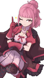  1girl ;) aaaakunaaaa cape closed_mouth dress fire_emblem fire_emblem:_three_houses fire_emblem_warriors:_three_hopes gloves hair_bun highres hilda_valentine_goneril index_finger_raised looking_at_viewer nintendo official_alternate_costume official_alternate_hairstyle one_eye_closed pink_dress pink_eyes pink_gloves pink_hair short_sleeves smile solo star_(symbol) white_background 