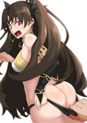  1boy 1girl ass assisted_exposure bare_shoulders black_bow black_gloves black_hair black_panties bow bra breasts butt_crack dimples_of_venus earrings elbow_gloves fate/grand_order fate_(series) fingerless_gloves from_behind gloves hair_bow highres ishtar_(fate) jewelry long_hair looking_at_viewer looking_back o-ring open_mouth panties panty_pull pov red_eyes roruamero simple_background small_breasts thighs twintails underwear very_long_hair white_background white_bra  rating:Questionable score:75 user:FabricioDias