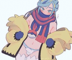  1boy artist_request blue_eyes blue_hair blue_mittens blush bulge creatures_(company) game_freak grusha_(pokemon) highres jacket long_hair long_sleeves male_focus mittens navel nintendo nipples open_clothes open_jacket panties pokemon pokemon_sv precum scarf solo source_request trap underwear wet_spot yellow_jacket  rating:Questionable score:105 user:timetofap01