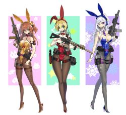  3girls ahoge animal_ears arm_pouch assault_rifle belt belt_pouch blonde_hair bow bowtie bracelet breasts brown_eyes brown_hair buckle collarbone covered_navel detached_collar fake_animal_ears fake_tail full_body green_eyes gun headset high_heels hk33 holster jewelry large_breasts leotard long_hair magazine_(weapon) medium_breasts multiple_girls necktie original pantyhose playboy_bunny ponytail pouch rabbit_ears rabbit_tail red_eyes rifle shoulder_tattoo snap-fit_buckle strapless strapless_leotard tactical_playboy_bunny tail tattoo thigh_holster thigh_pouch trigger_discipline two_side_up utility_belt weapon weapon_request white_hair wrist_cuffs  rating:Sensitive score:4 user:danbooru