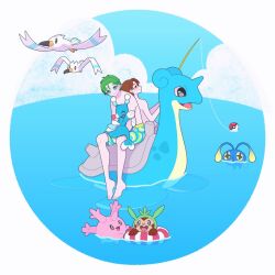 2boys back-to-back barefoot blue_sky brionne brown_eyes brown_hair chespin chinchou cloud commentary_request corsola creatures_(company) crossover day fishing_rod full_body game_freak gen_1_pokemon gen_2_pokemon gen_3_pokemon gen_6_pokemon gen_7_pokemon highres holding holding_fishing_rod holding_pokemon king_of_prism lapras looking_back male_focus male_swimwear multiple_boys nintendo nyaasechan ocean outdoors poke_ball pokemon pokemon_(creature) pretty_rhythm pretty_series riding riding_pokemon short_hair sitting sky smile swim_trunks takahashi_minato water wingull yamada_ryou_(pretty_series)