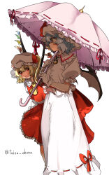  2girls :d absurdres ascot black_wings blonde_hair buttons closed_mouth crystal_wings fang feet_out_of_frame flandre_scarlet frilled_shirt_collar frilled_skirt frills gloves hat highres holding holding_umbrella leaning_forward looking_at_another mob_cap multiple_girls open_mouth parasol profile puffy_short_sleeves puffy_sleeves purple_hair red_eyes red_ribbon red_skirt red_vest remilia_scarlet ribbon ribbon-trimmed_skirt ribbon_trim shirt short_hair short_sleeves simple_background skin_fang skirt smile split_mouth standing taisa_matome_(taisa_ohana) touhou twitter_username umbrella vest white_background white_gloves white_hat white_shirt white_skirt wings yellow_ascot 