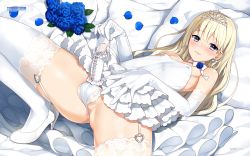  1boy artist_name bare_shoulders blonde_hair blue_eyes blue_flower blue_rose bouquet crossdressing dress earrings elbow_gloves erection flower game-style garter_straps gloves heart high_heels highres jewelry layered_dress long_hair looking_at_viewer lying male_focus neck_ribbon nemunemu_(candy_paddle) on_back original panties parted_lips penis petals ribbon ring rose shoes shota solo teeth testicles thighhighs tiara trap underwear wallpaper watermark wedding_band wedding_dress white_footwear white_gloves white_panties white_ribbon white_thighhighs  rating:Explicit score:336 user:danbooru