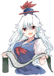  1girl blue_dress blue_hat breasts cleavage collarbone collared_dress commentary_request deetamu dress hair_between_eyes hat highres holding holding_scroll kamishirasawa_keine large_breasts long_hair looking_at_viewer neckerchief open_mouth puffy_short_sleeves puffy_sleeves red_eyes red_neckerchief scroll shirt short_sleeves simple_background smile solo touhou translation_request upper_body white_background white_hair white_shirt 