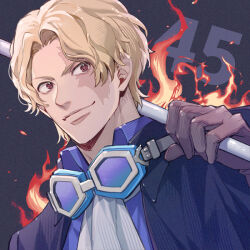  1boy ascot blonde_hair brown_gloves closed_mouth commentary commentary_request english_commentary fire gloves goggles goggles_around_neck holding holding_industrial_pipe holding_weapon lead_pipe male_focus mixed-language_commentary one_piece sabo_(one_piece) scar scar_across_eye scar_on_face short_hair smile solo weapon white_ascot yoshicha 
